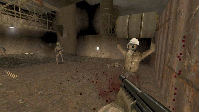 A gas-masked enemy holds an oil drum aloft preparing to throw it at the player, who points a shotgun at the enemy.