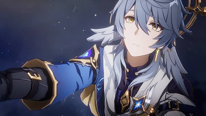 Sunday from Honkai Star Rail, raising his hands to the heavens to receive a divine blessing