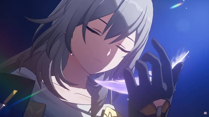 Honkai Star Rail’s Harmony Trailblazer holding a feather in her hand, with her eyes closed