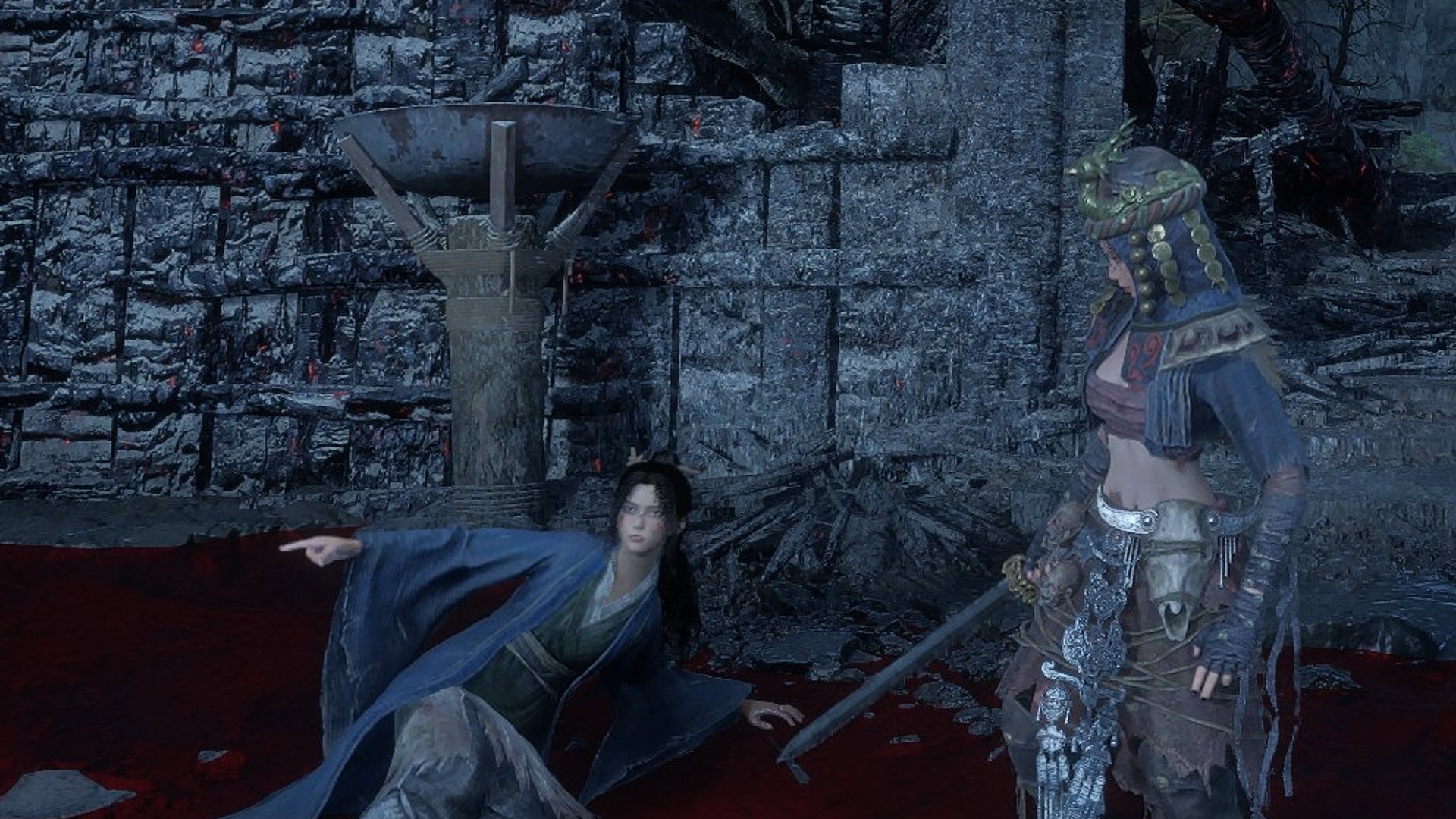 Wuchang stands next to the NPC Huang Jian'e in Wuchang Fallen Feathers. She is wounded in a pool of blood and pointing. - 1