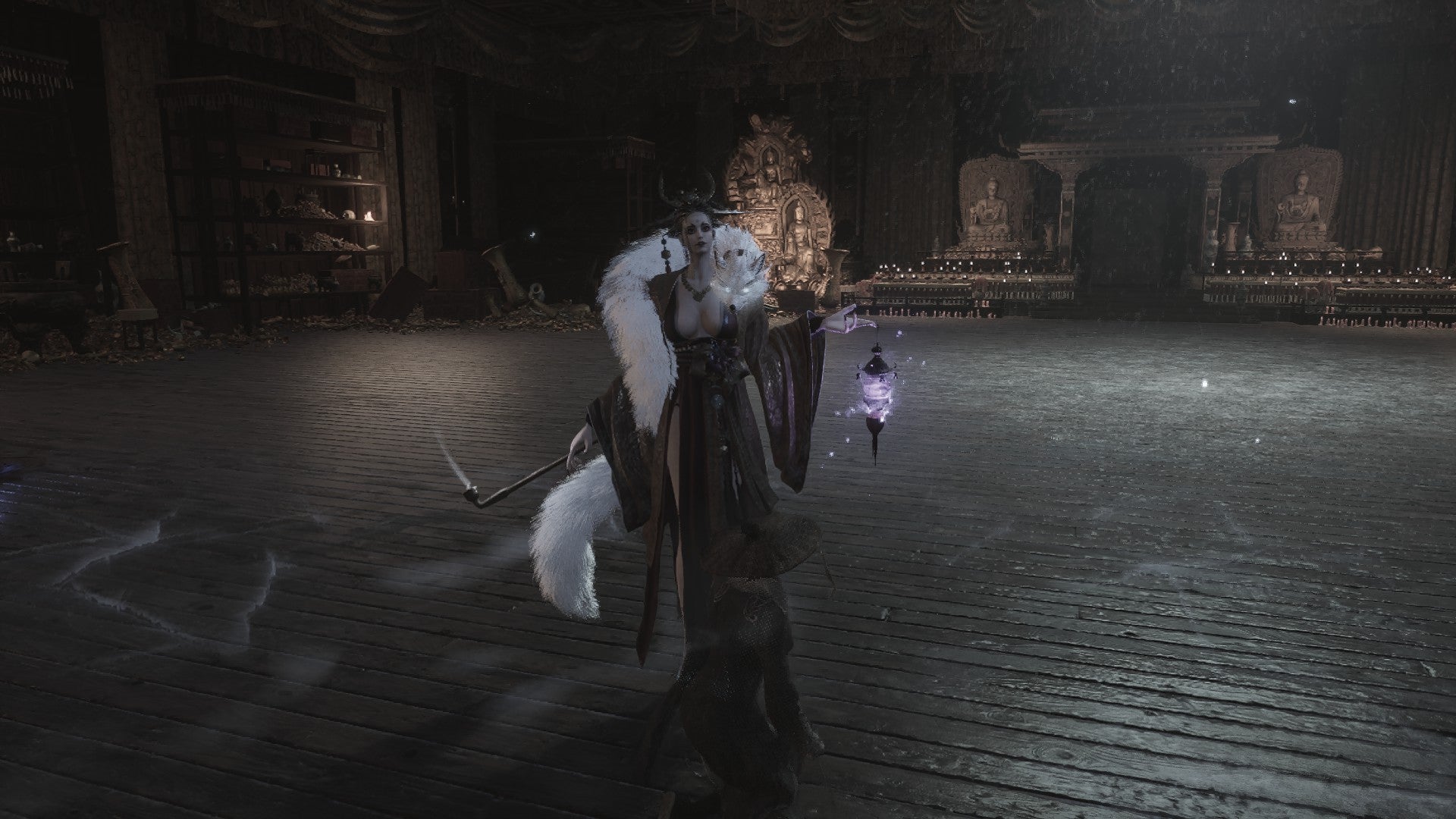 The boss Huang Yan, wearing a revealing red dress and an artic fox draped around her neck, looms over a fallen Wuchang in Wuchang Fallen Feathers. - 15