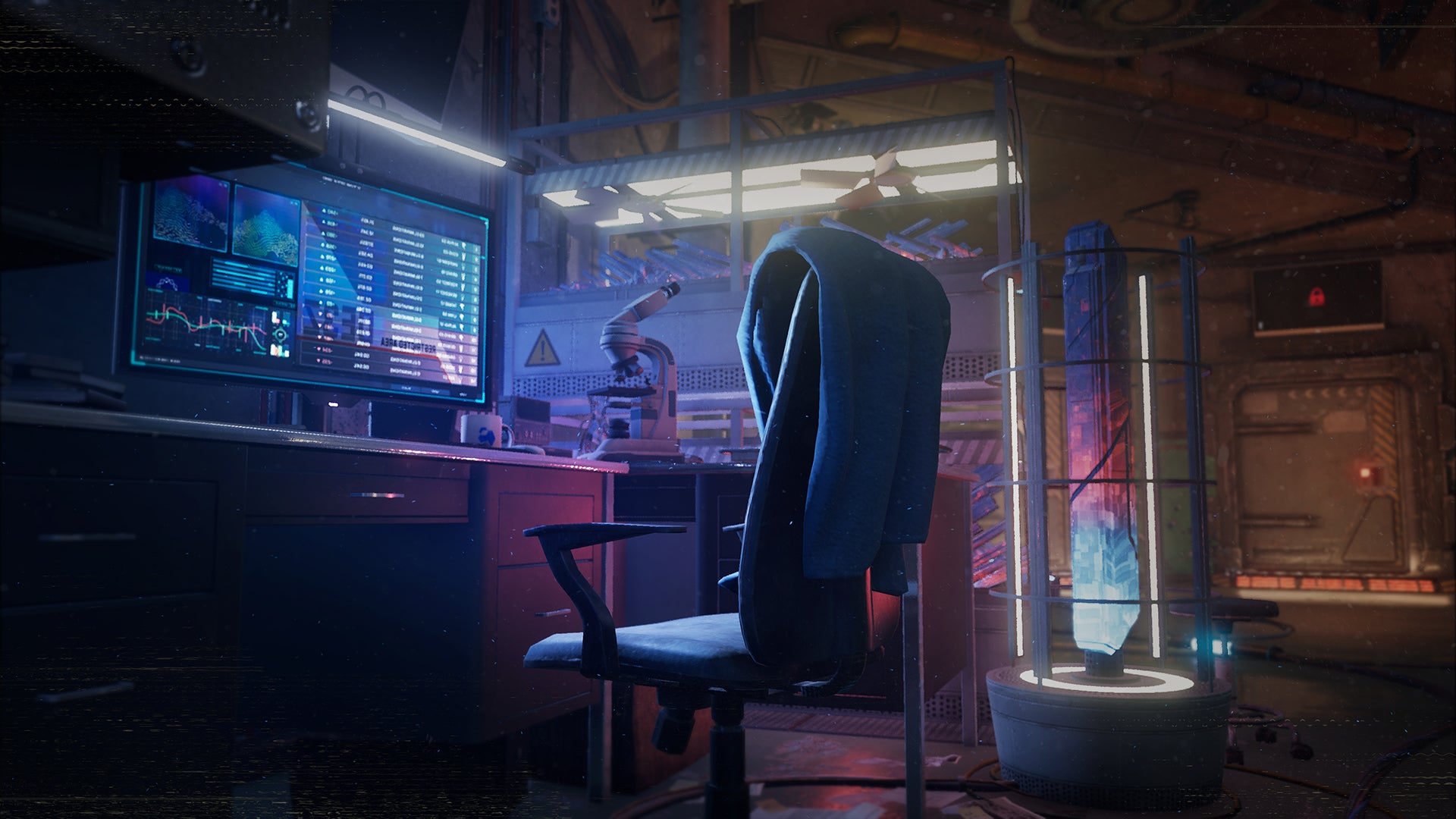 PUBG Battlegrounds' Xeno Point official screenshot showing a desk chair and purple-hued crafting station