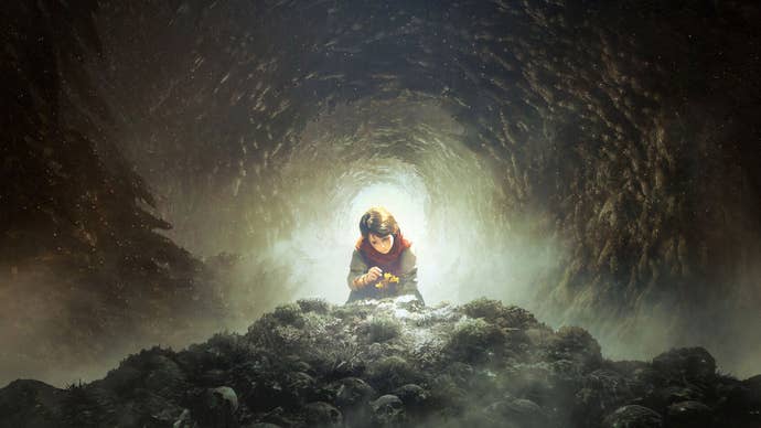 Concept art showing a little boy - Hugo - on top of a pile of skulls, picking a yellow flower. He’s bathed in a beam of light but swirling nearby and around him is a vast sea of black rats.