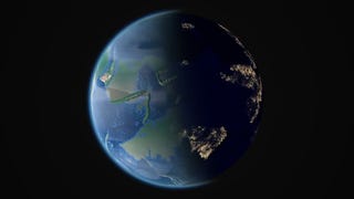 A screenshot of Humanity, a pixel shader, depicting an earth-like planet as seen from space, with half the planet in shadow and city lights visible.