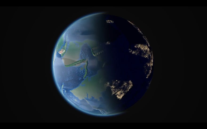 A screenshot of Humanity, a pixel shader, depicting an earth-like planet as seen from space, with half the planet in shadow and city lights visible.