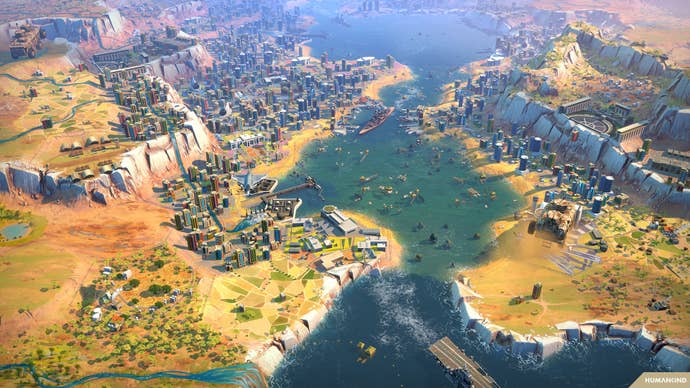 A large contemporary city in a screenshot of Humankind’s Cultures of Africa Pack.