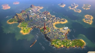 Humankind - An island city with an Eiffel Tower, skyscraper, and other modern features across its districts.