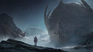 Concept art for Humanoid Origin's untitled sci-fi game showing a solo traveller roaming a desolate alien landscape, jagged mountains in the distance and a vast spherical structure looming to their right.