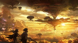 Two people stand on a balcony looking out over a floating sci-fi city.