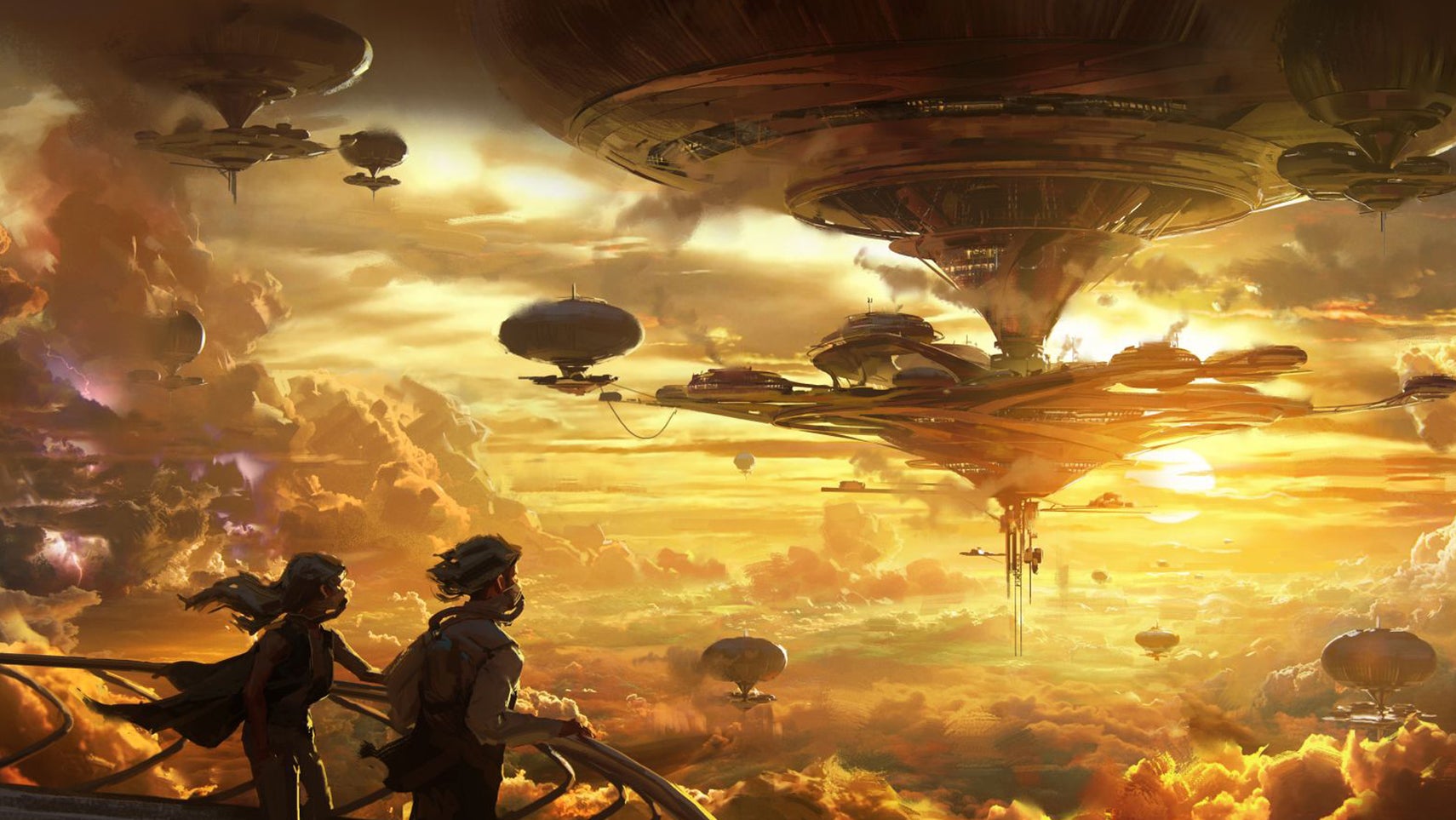 Two people stand on a balcony looking out over a floating sci-fi city. - 1