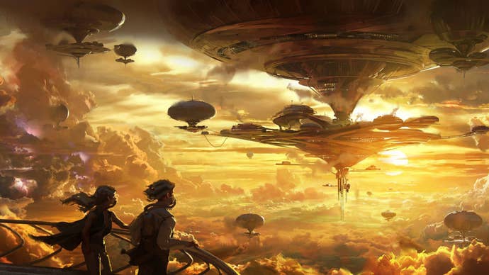 Two people stand on a balcony looking out over a floating sci-fi city.