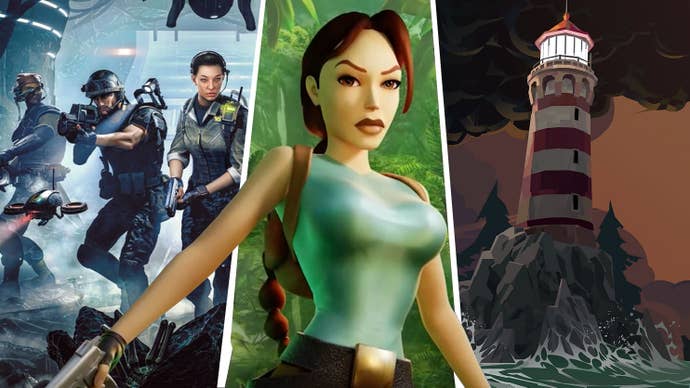 Composite image showing soldiers from Aliens: Dark Descent, Lara Croft, and a lighthouse from Dredge.