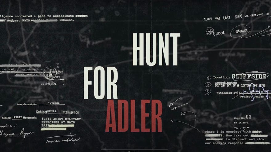 The words ‘Hunt for Adler’ on the background of a blueprint with intel about Adler’s location.