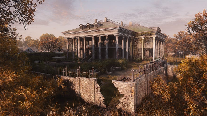 A screenshot of Hunt: Showdown’s new map, De Salle, showing a large building with columns and an overgrown surrounding.