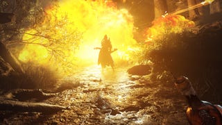 A Hunt: Showdown screenshot showing a humanoid create silhouetted against a massive fireball as the player looks on with a Molotov cocktail held in their hand.