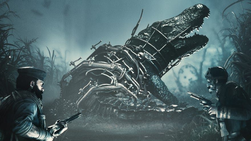 Rotjaw looms from the bayou as two hunters creep up on it with guns drawn in Hunt: Showdown’s Tide of Shadows artwork