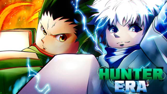 Artwork for the Roblox game Hunter Era showing two anime-inspired Robloxified characters.