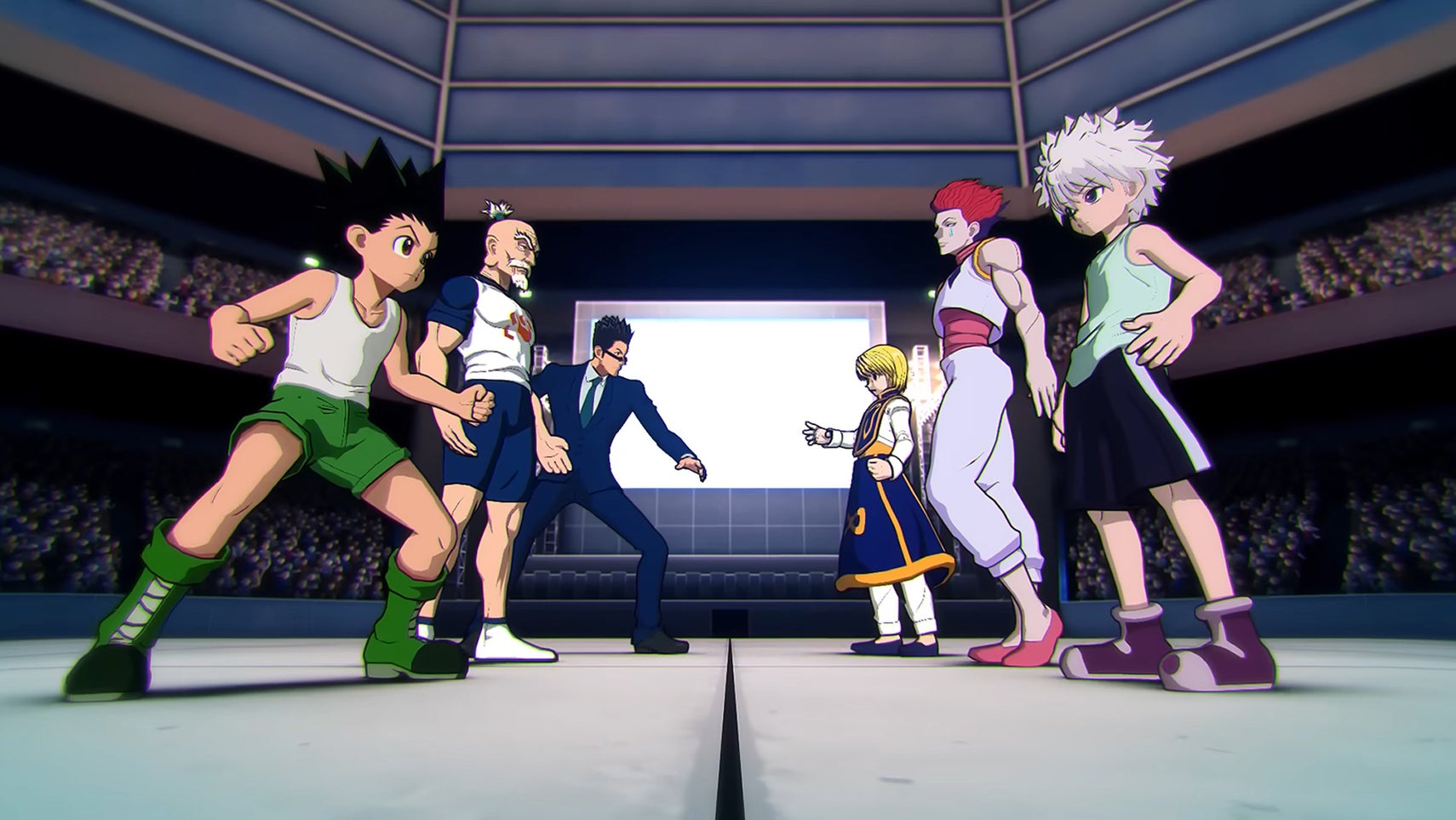 Gon, Killua, and other Hunter x Hunter characters stand facing each other in an arena in Nen x Impact. - 1
