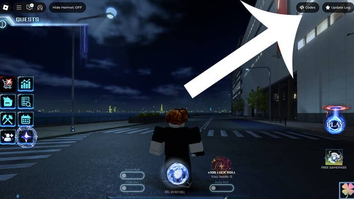 An arrow pointing at the codes button in the Roblox game Hunters.
