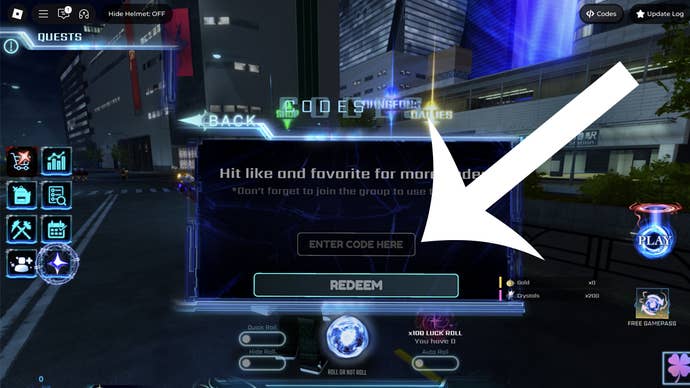 An arrow pointing at the codes menu in the Roblox game Hunters.