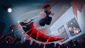 Stylised artwork from the Roblox game Hunty Zombie, depicting a survivor with a scythe leaping over a crowd of zombies.