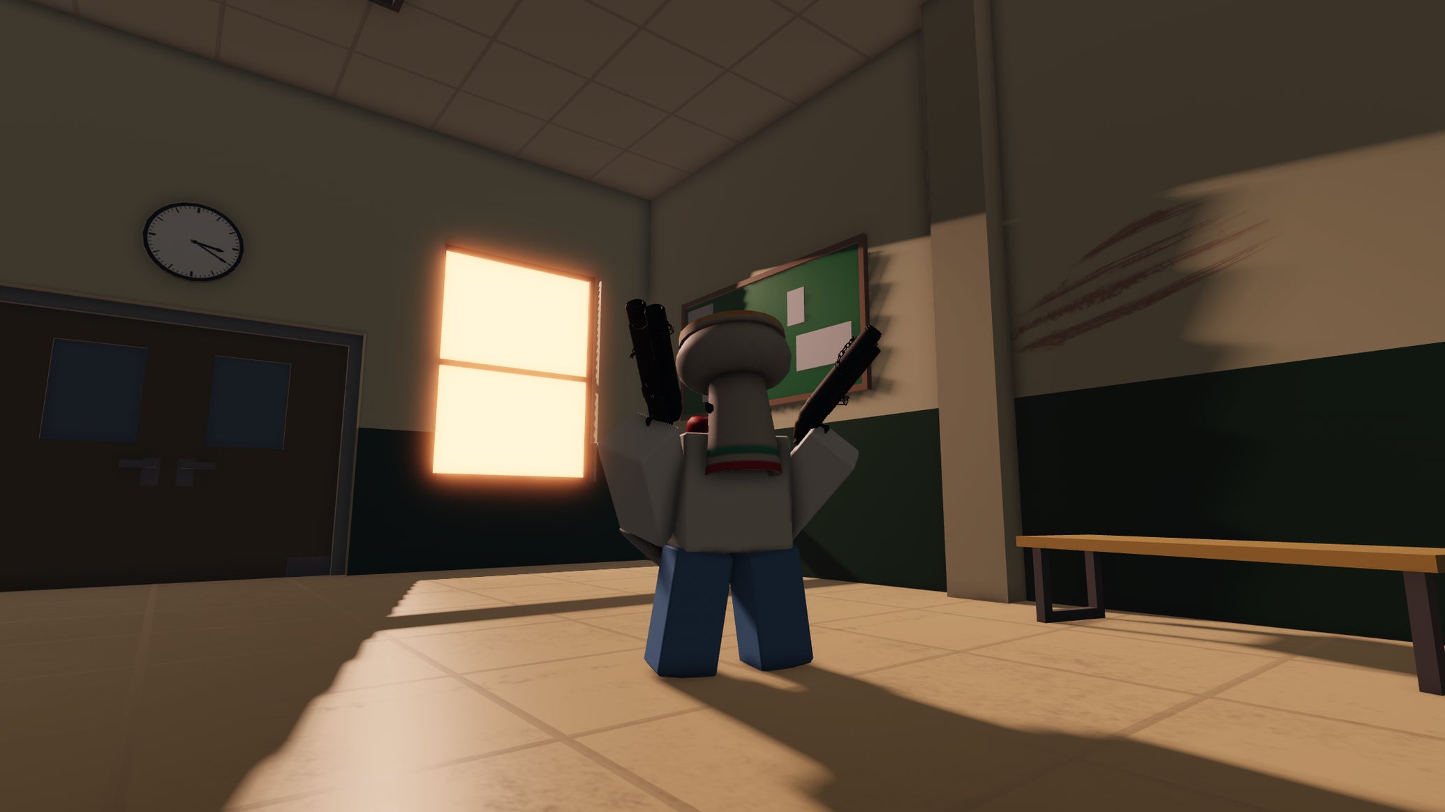 A character standing in a dark room while dual-wielding weapons in the Roblox experience Hunty Zombie. - 1