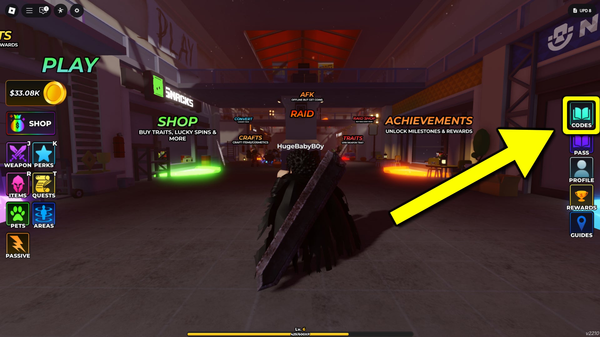 An in-game screenshot from the Roblox game Hunty Zombie, featuring an in-game arrow directing attention towards the codes button. - 3
