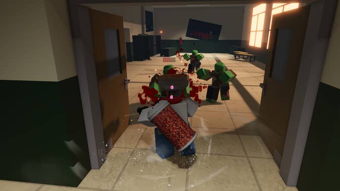 A figure using double pistols to push the groups of the undead in Hunty Zombie.