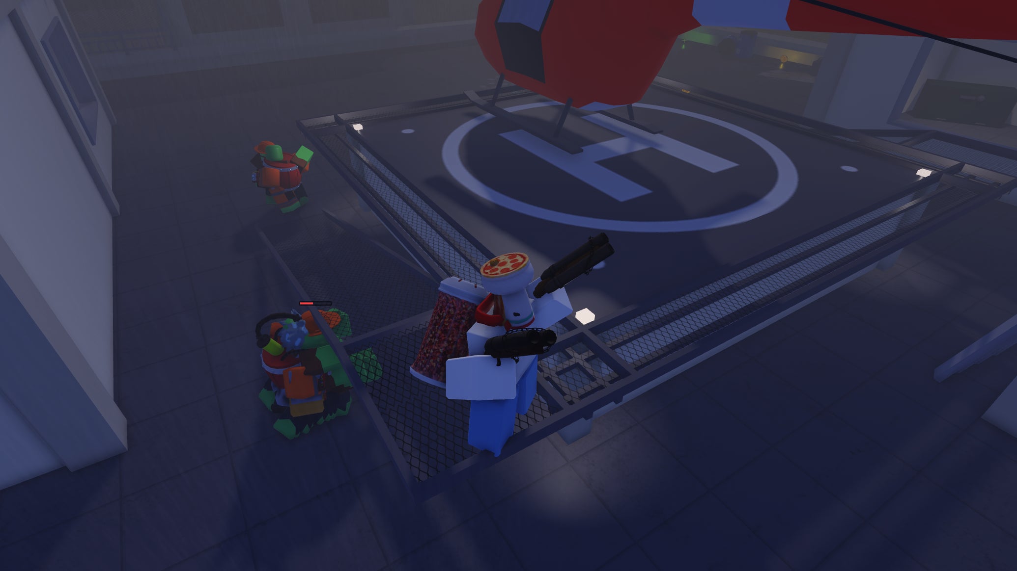 A character using a helicopter to escape a horde of zombies in the Roblox experience Hunty Zombie. - 1
