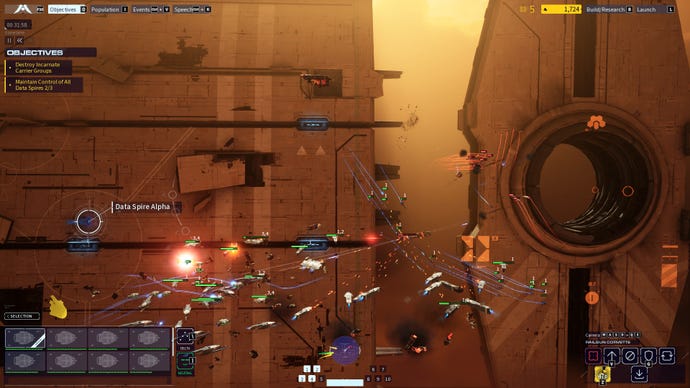 A dogfight takes place around ancient structures in Homeworld 3
