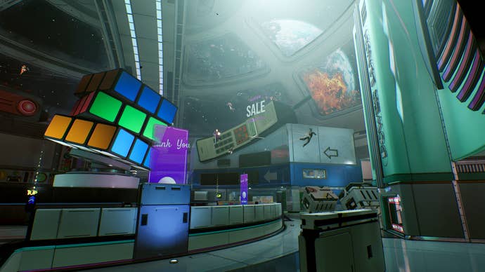 What looks like the atrium of a futuristic mall, only there are characters floating in the distance here, firing rockets at each other. There’s planet visible outside the huge window, and there’s a giant Rubik’s cube in the foreground of the picture.