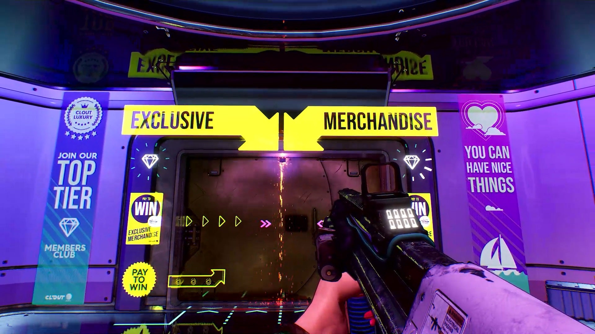 A purple-hued shot of a character holding a gun facing what look like glass sliding doors with huge &ldquo;exclusive merchandise&rdquo; labels above them. It&rsquo;s a shot that exudes garish capitalism.