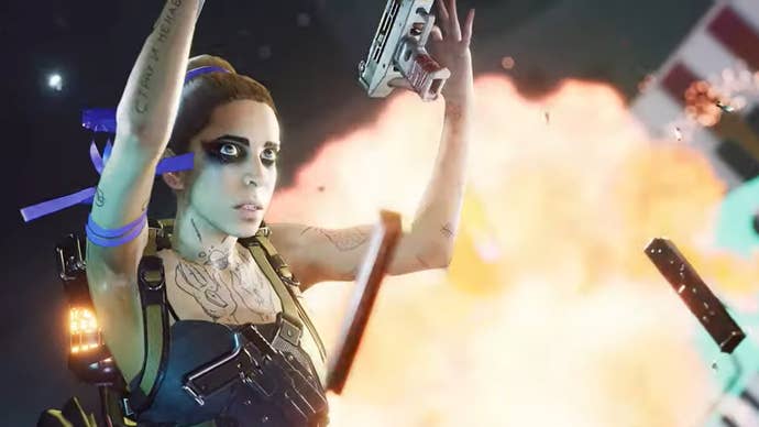 Hyenas screenshot shows a character from the game flying through the air after an explosion erupts behind them.