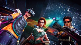 Three characters looking down at the camera. They are clad in extraordinary costumes. One has what looks like a virtual reality headset on and homemade baseball armour. One is a lady bearing her cleavage in what appears to be a sci-fi costume from the 70s. And one has a kind of spacesuit on and is holding a gun.