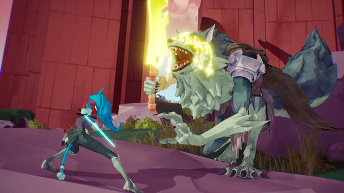 A Hyper Light Breaker screenshot showing a blue-haired warrior confronting a giant wolf-like creature wielding a towering yellow blade.