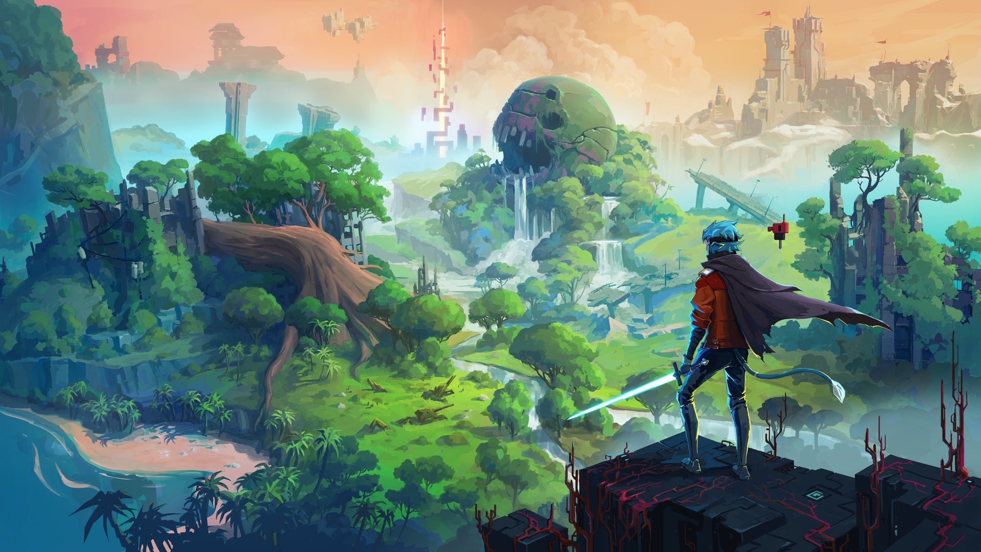 Key art for Hyper Light Breaker showing a person holding a sword overlooking a tree-filled landscape, a giant robotic skull and other structures littered across it. - 1