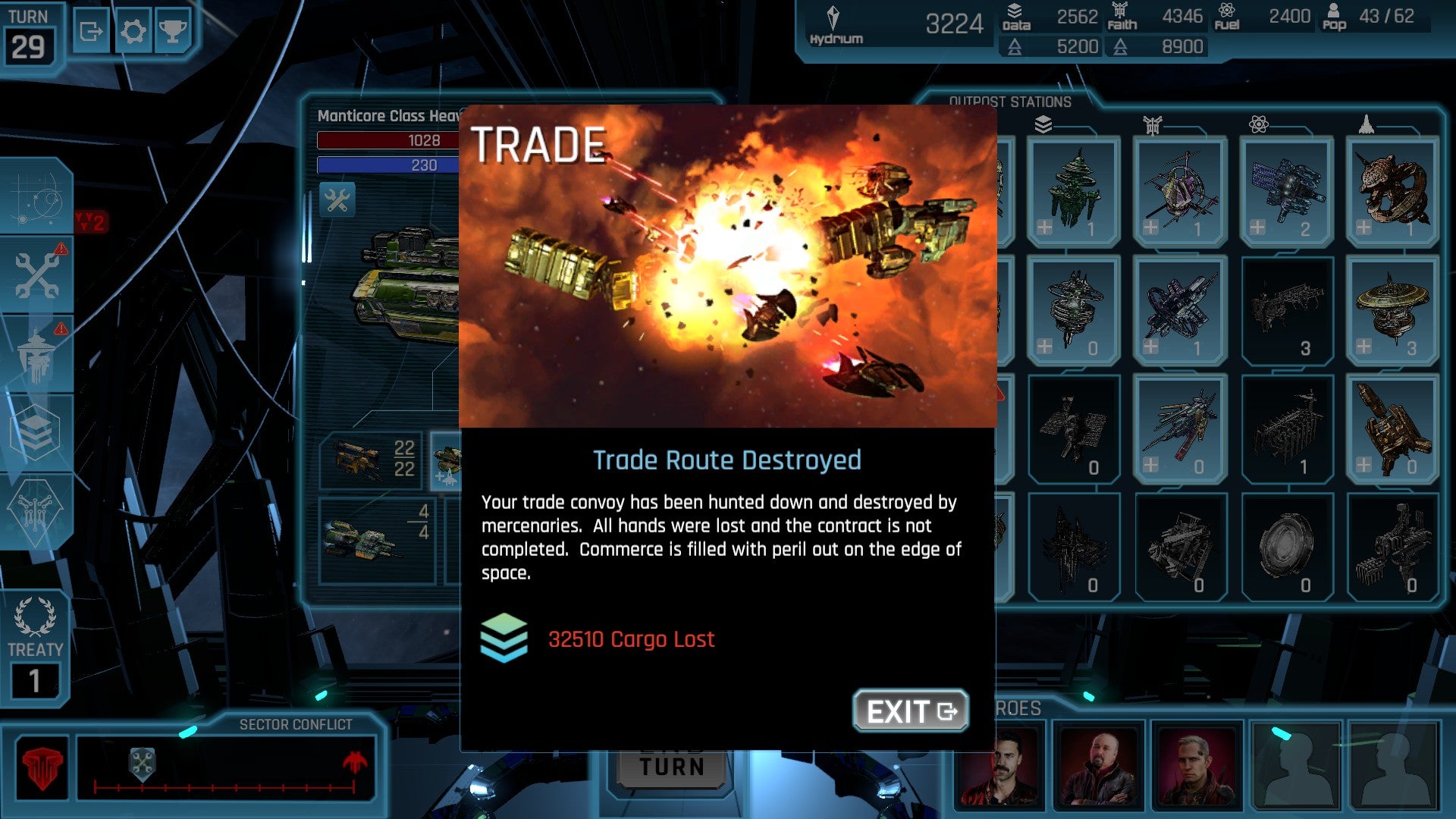 A notice telling you a trade route has been destroyed in Hyper Empire. - 4