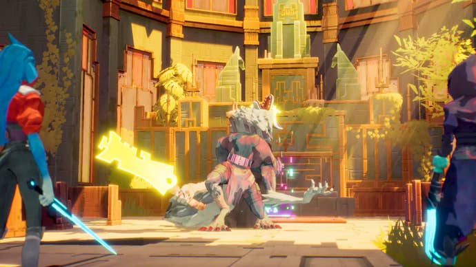 An anthropomorphic cat-person boss of some kind stands in the centre of the image, roaring up to the sky, giant flaming sword in hand. Two characters, just out of the picture on the left and right of the screen, look on. They have a showdown at hand.