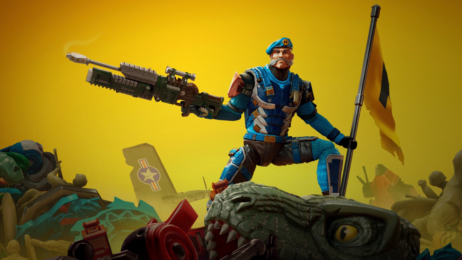 A toy soldier stands atop of a lot of broken toys, wielding a gun, holding a flag. - 1