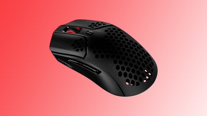 Image of a HyperX Pulsefire Haste Wireless gaming mouse on a red to white gradient background