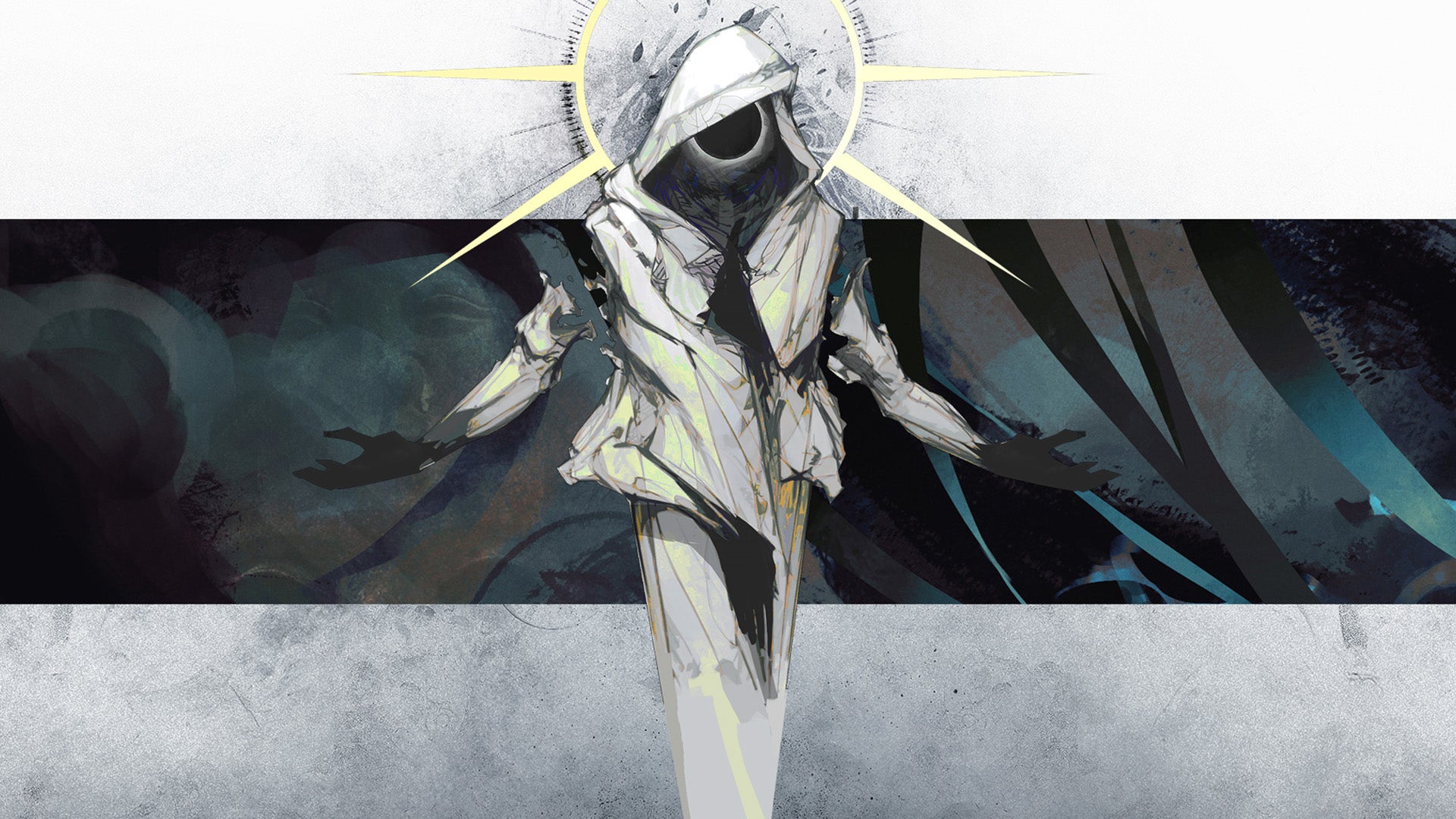 A strange, white-clad figure with a black hole for a face has its arms outstretched in key art for Hypnos. - 1