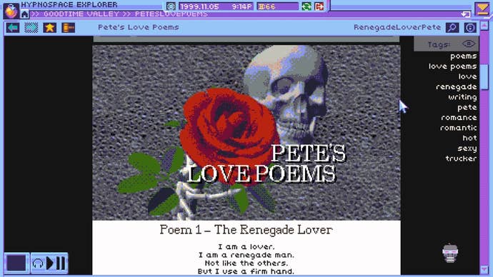 A blog of Pete’s Love Poems in 90s web surf ‘em up Hypnospace Outlaw
