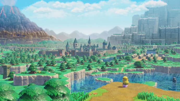Zelda stands and looks over the chibi kingdom of Hyrule in The Legend of Zelda: Echoes of Wisdom