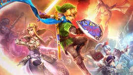 Hyrule Warriors key art showing Link with the Master Sword and his shield, dodging to the side, Prince Zelda fighting with a sword, a blue haired character using some kind of spell.