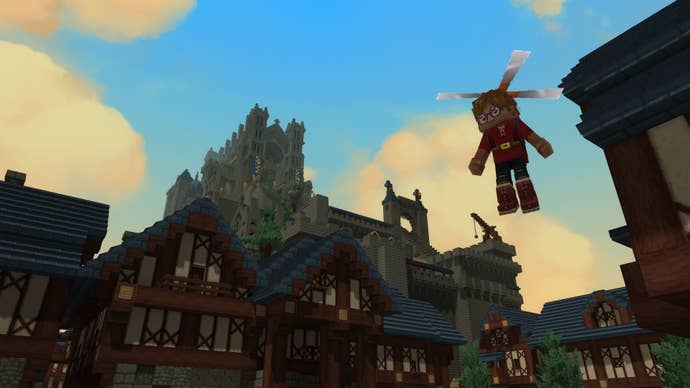 A subordinate flying done a blocky metropolis successful Hytale.