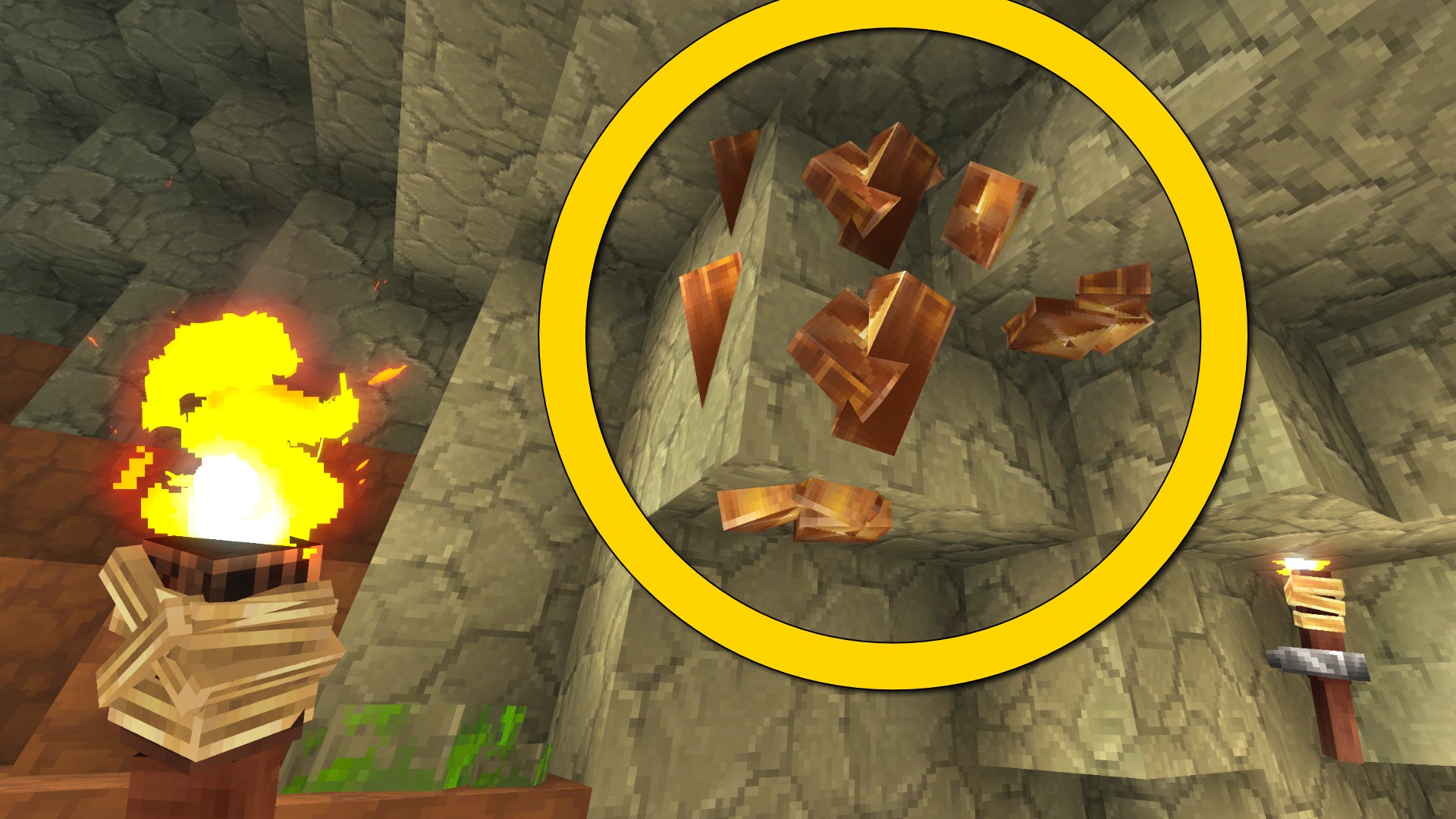 The player in Hytale approaches a patch of Copper Ore in the ceiling of a stone cave system while holding a torch in their hand. The Copper Ore is highlighted by a yellow circle. - 1