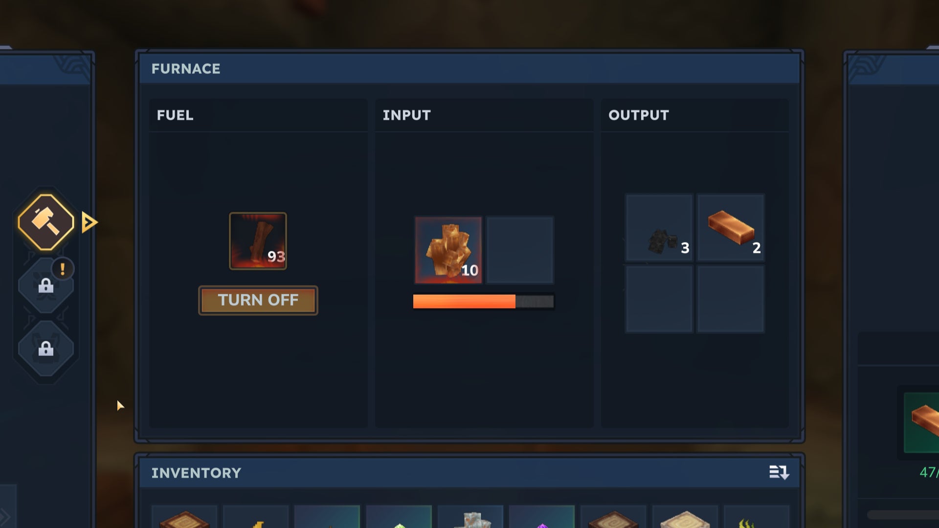 A close-up of the Furnace smelting screen in Hytale, with Sticks in the Fuel slot, Copper Ore in the Input slot, and Charcoal and Copper Ingots in two of the four output slots. - 3