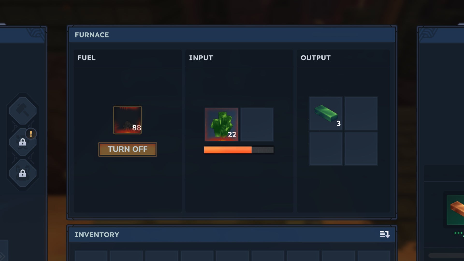 A close-up of the Furnace panel in Hytale, showing Thorium Ore being smelted into Thorium Ingots with Charcoal as a fuel source. - 5