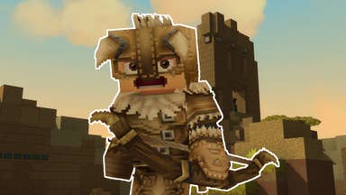 An fierce archer in Hytale superimposed over an in-game shot of a battlement.