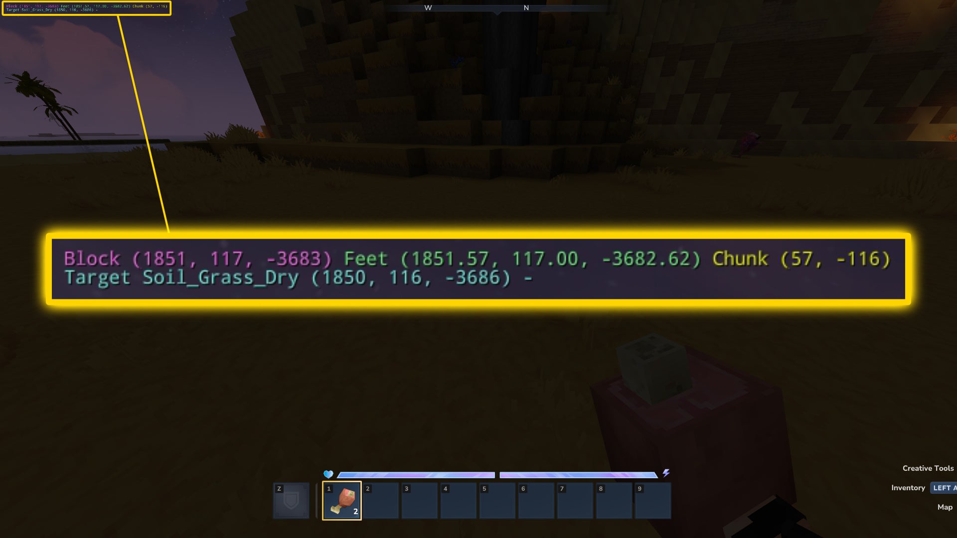 A Hytale screenshot of a dark nighttime scene, with the player's coordinates superimposed large in the centre of the screen. - 3